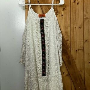 Voom by Joy Han White Lace Dress with Black and Pink Details